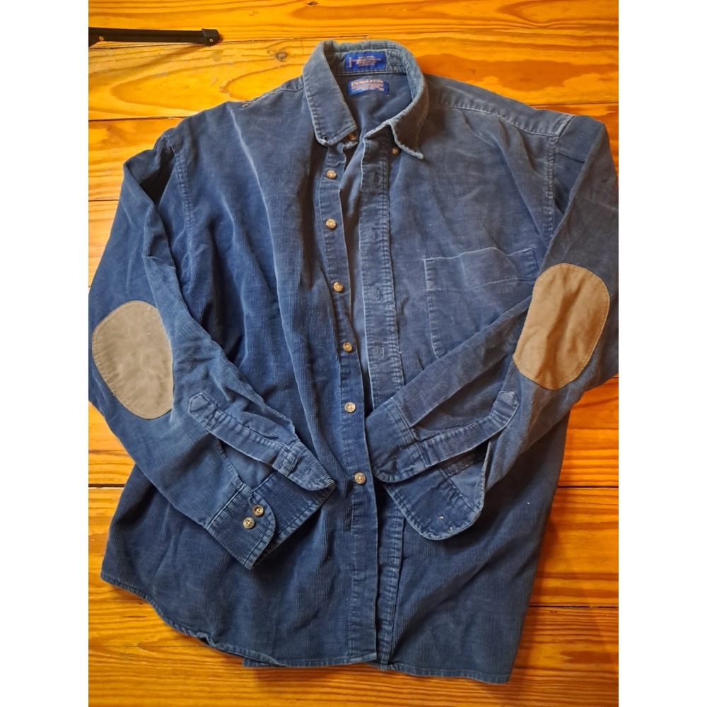 Pendleton Blue Wool Mens Shirt Size L Long Sleeve Button Up Elbow Patches